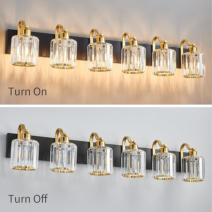 Modern Bathroom Vanity Light 6-Lights Black Gold Crystal Bathroom Wall Light Vanity Light Fixtures with Round Shade (Exclude Bulb)