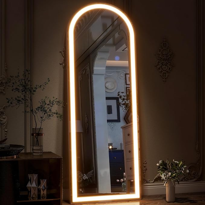 Arched LED Mirror Full Length Standing, 64"x21" Full Body Mirror | Lighted Floor Mirror with Stand, Dimmable & 3 Color Lighting, Wall Mounted Leaning Standing Mirror for Bedroom, Cloakroom