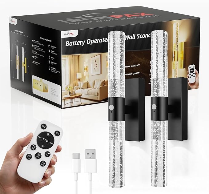 IRONPAX Wall Sconces Battery Operated Set of 2, Wireless Rechargeable Wall Sconce Set of Two, Dimmable Wall Lights with Remote for Bedroom Living Room Hallway Decor (Satin Black, Bubble Crystal)