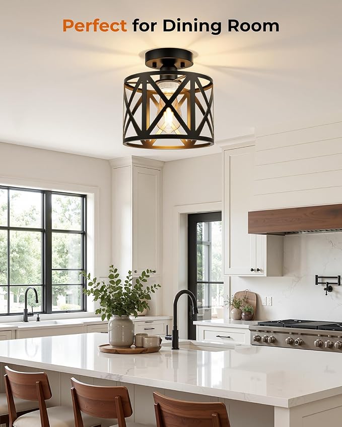 2Pack Farmhouse Semi Flush Mount Ceiling Light Fixture E26 | Black Metal Cage Industrial Suitable for Kitchen, Bedroom, Foyer, Entryway, Laundry Room, Hallway 8 Inch