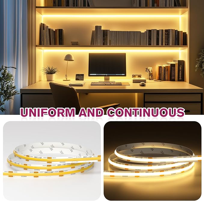 EMITEVER COB LED Strip Lights 3000K 24V, 16.4ft/5m, 2560LEDs, UL Listed | Warm White Tape Light Premium High Density,for Bedroom, Kitchen,Cabinets,360+Lumens/ft,Ra 90+ (Power Supply Sold Separately)
