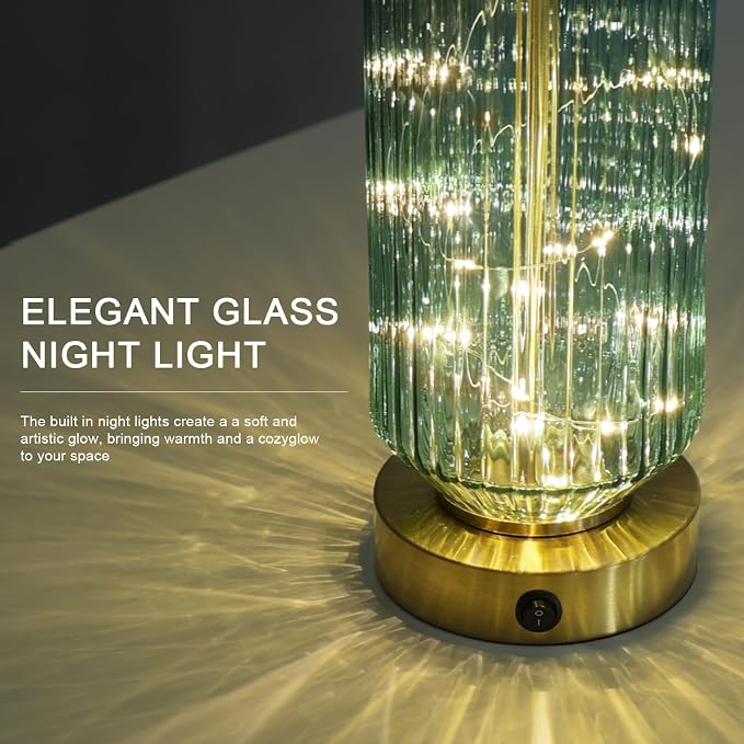 24.5" Bedside Table Lamps Set of 2, Green Glass Nightstand Lamps with USB A+C Charging Ports and Night Light, Gold Modern Lamps for Bedroom, Living Room, End Table (2 Bulbs Included)