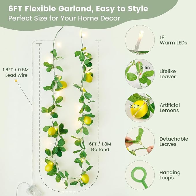 HEYFUNi 18 Led 6FT Lemon Garland Vine with Lights, USB & Battery Operated | Faux Lemon Vine with Remote, Timer, 8 Modes, 4 Brightness & Speed, Artificial Vine for Decoration, Mantel, Table,Summer Decor