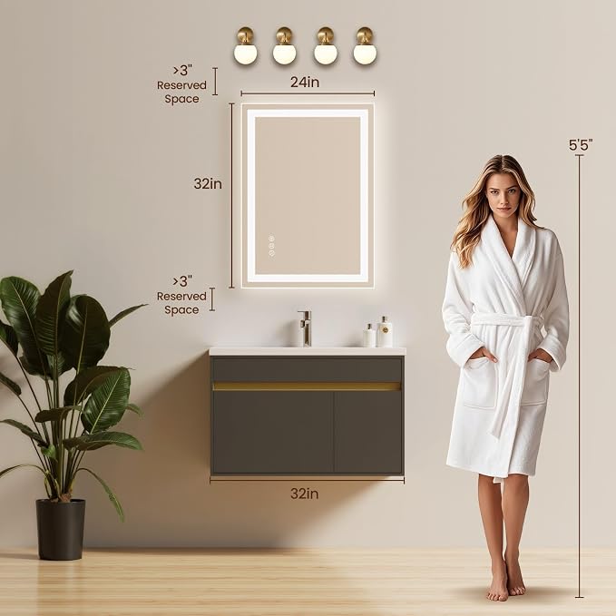24x32 LED Bathroom Mirror with Anti-Fog, Backlit & Front Lit, Memory | Stepless Dimmable 3 Color CRI 95+ Shatterproof Tempered Glass ETL Listed for Safety Lighted Bathroom Vanity Mirror for Wall
