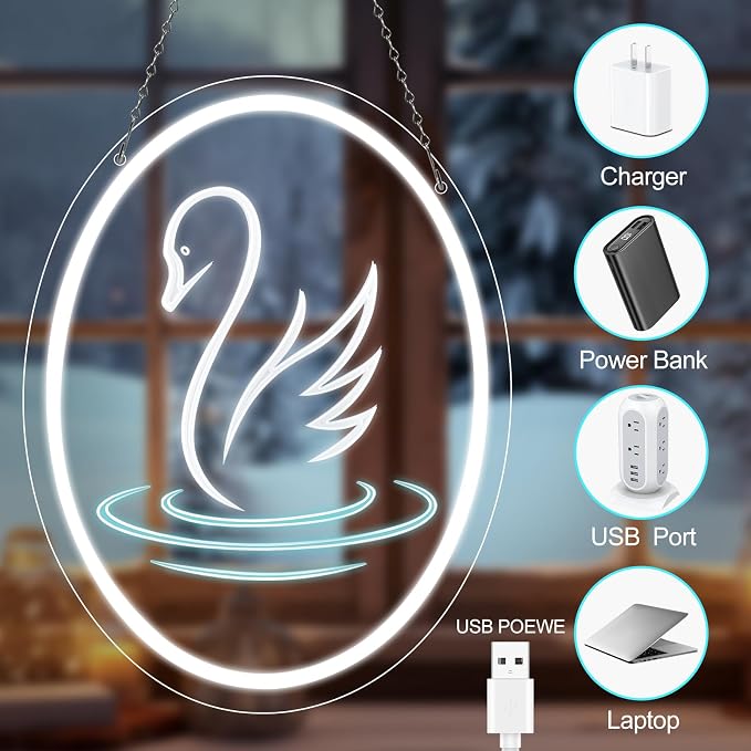 Swan Neon Sign, 3D Carved Acrylic LED Neon Light for Wall Decor, Dimmable White Swan Night Light USB Powered 5V, Aesthetic Bedroom Decor for Girls Room, Kids Room, Party Decoration, Gift 15.7" × 11.8"