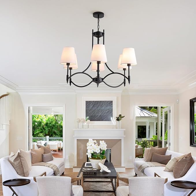 Black Farmhouse Chandelier for Dining Room， 6-Lights with White Fabric Shade Dining Room Light Fixtures，Rustic Industrial Chandelier for Living Room Kitchen Island Foyer