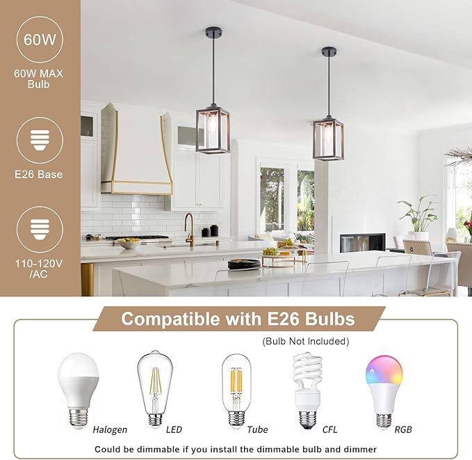 Farmhouse Pendant Light in Wood and Metal Cage, Rustic Pendant Light with Glass, Adjustable Hanging Light Fixtures, Mini Pendant Lighting for Kitchen Island, Hallway, Foyer (Square Brown-1 Pack)