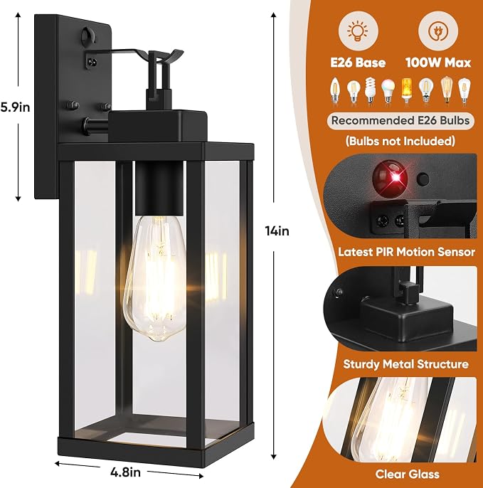 2-Pack 14” Upgraded Motion Sensor Outdoor Wall Lights, Black | Auto ON/OFF, 3 Lighting Modes, Waterproof, Rust-Resistant, Durable Metal & Clear Glass, Standard E26 Sockets, Easy to Install