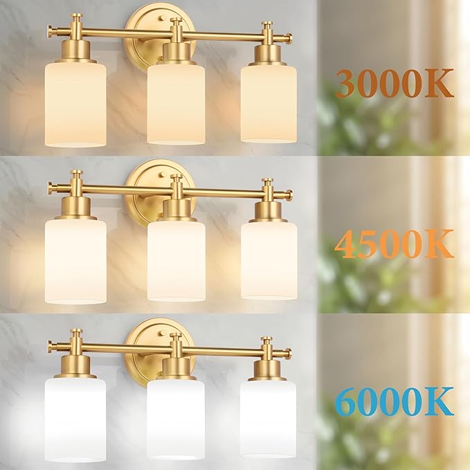 3-Light Bathroom Vanity Light, Brushed Gold Vanity Lights for Bathroom, Modern Champagne Gold Wall Sconce with White Glass Shades, Anti-Rust Light Fixtures over Mirror (Bulbs Not Included, E26 Base)