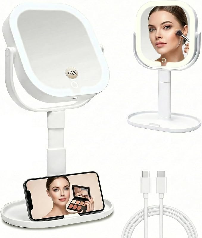 Makeup Mirror with Lights, 1X/10X Magnifying Mirror with Light, Rechargeable Lighted Makeup Mirror with Magnification, 3-Color Lighting, Height Adjustable 360° Rotation Desk Mirror, Gift for Women