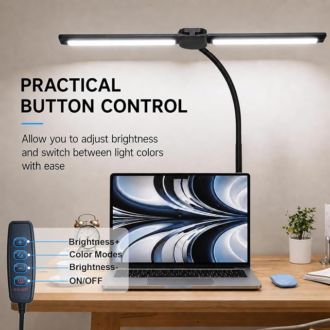 LED Desk Lamp for Home Office, Eye-Care Architect Light with Clamp, Double Head Computer Monitor Table Light with 3 Color Modes 10 Brightness, Adjustable for Reading, Study, Workbench, Black