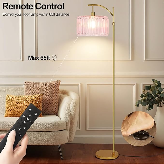 QIYIZM Pink Floor Lamp for Living Room,Bedroom,Gold Dimmable Standing Lamp with Remote,Mid Century Modern Brass Tall Lamp Boho Floor Lamps Arc Stained Glass Flower Floor Light Lamp Girls kids Bohemian