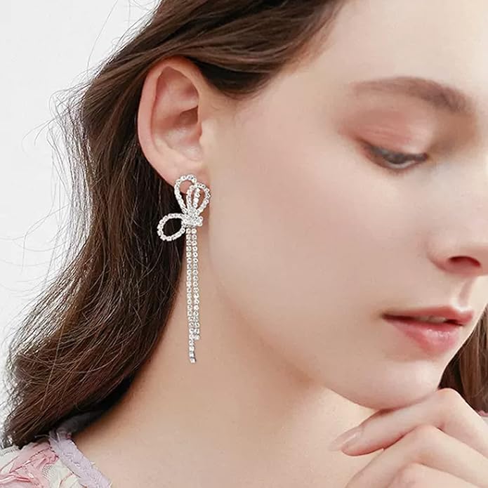 Luxval Rhinestone Earrings Dangling for Women Sparkly Silver Dangle Earrings Girls Long Chandelier Earrings Tassel Lightweight Ear Studs Cubic Zirconia Crystal Statement