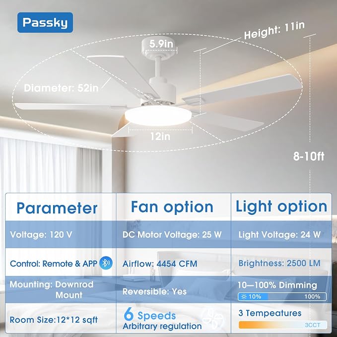 Passky Ceiling Fans with Lights, 52 inch Sleek Ceiling Fan with Light and Remote Control, 3CCT, Dimmable, Reversible, Noiseless, White Ceiling Fan for Bedroom, Living Room | 3-color dimmable light, quiet reversible DC motor, easy install, memory, Timer...