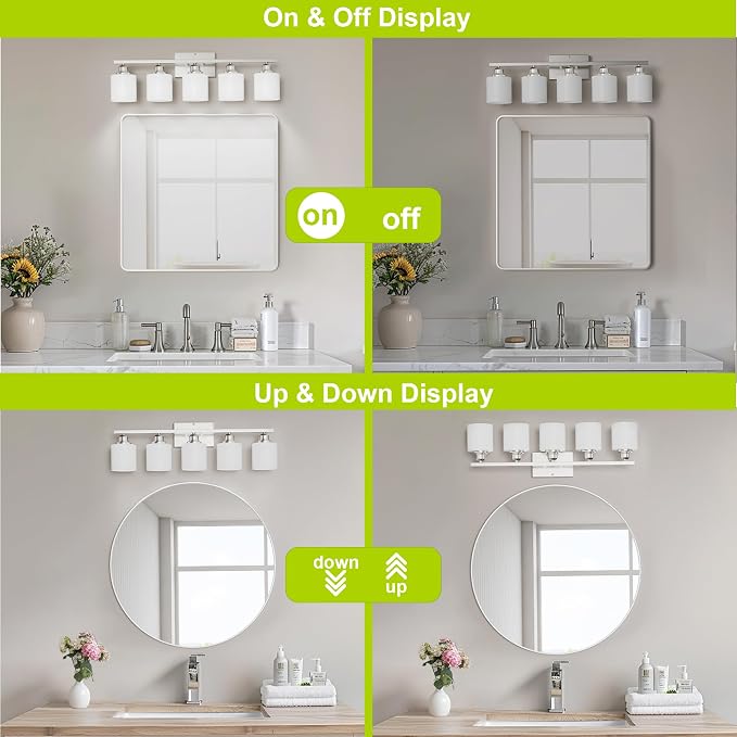 5-Light Bathroom Light Fixture, Brushed Nickel Vanity Lights Over Mirror, Anti-Rust, White Glass Shades, E26 Base, Bulb Not Included