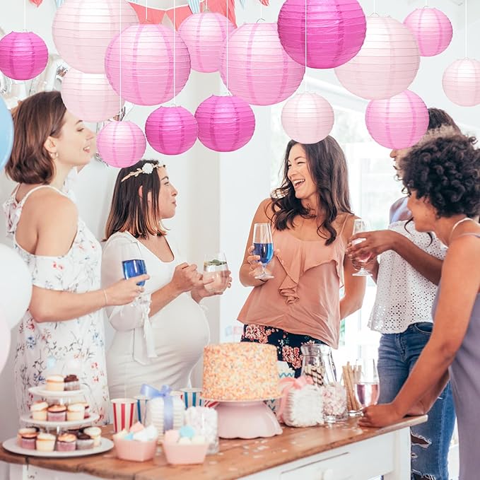 21 Pcs Pink Paper Lanterns Party Decorations, 4/6/8/10 Inch Round Chinese Hanging Paper Lanterns for Valentine's Day, Wedding, Birthday, Graduation, Classroom Ceiling Decorations Indoor Outdoor