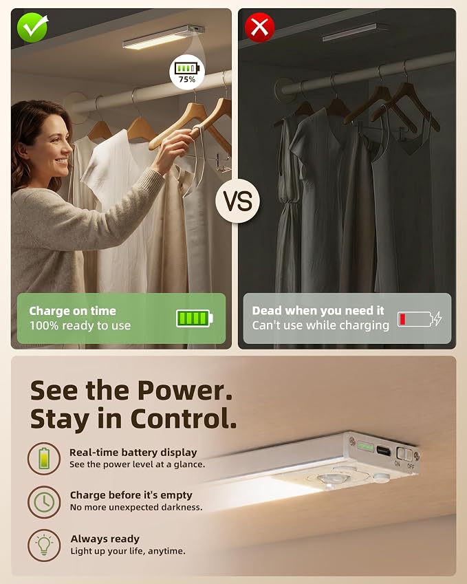 EZVALO Under Cabinet Lighting Wireless, 8'' 1800mAh Rechargeable Closet Light, LED Motion Sensor Lights with Power Display, Dimmable & 3 Color Temps, Under Counter Lights for Kitchen, Pantry, Stairs