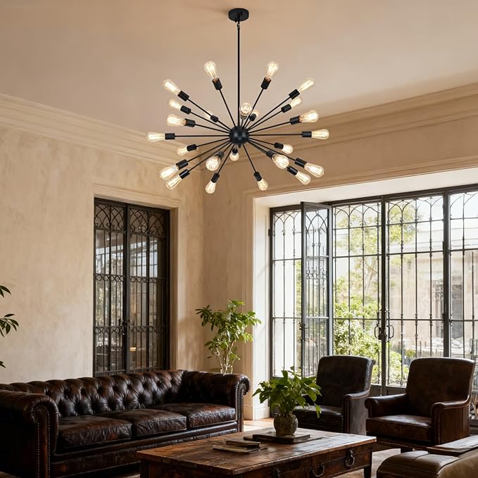 24 Light Black Sputnik Chandeliers, Modern Farmhouse Chandeliers for Dining Room Light Fixtures Over Table, Industrial Ceiling Hanging Lighting for Living Room, Bedroom, Kitchen, Foyer