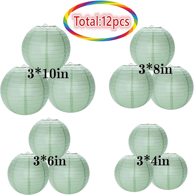 Dusty Sage Green Paper Lanterns 12Pcs Hanging Round Paper Lanterns Decorative for Graduation Baby Shower Wedding Birthday Family Parties ﻿