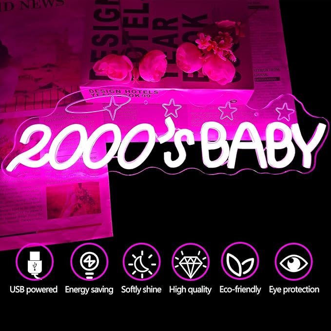 2000s Baby Neon Sign for Wall Decor 2000s Party Decorations Y2k Led Sign Dimmable Neon Light Up Sign for Y2k Party Decorations Birthday Backdrop Photography
