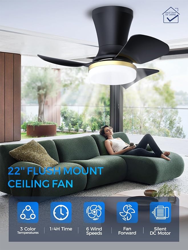 LANMEL Metal Ceiling Fan with Lights and Remote, 22 Inch, Gold & Black | Modern Low Profile Flush Mount, Reversible, 3CCT Dimmable, Quiet, LED, For Bedroom, Living Room, Indoor/Outdoor Patio Use