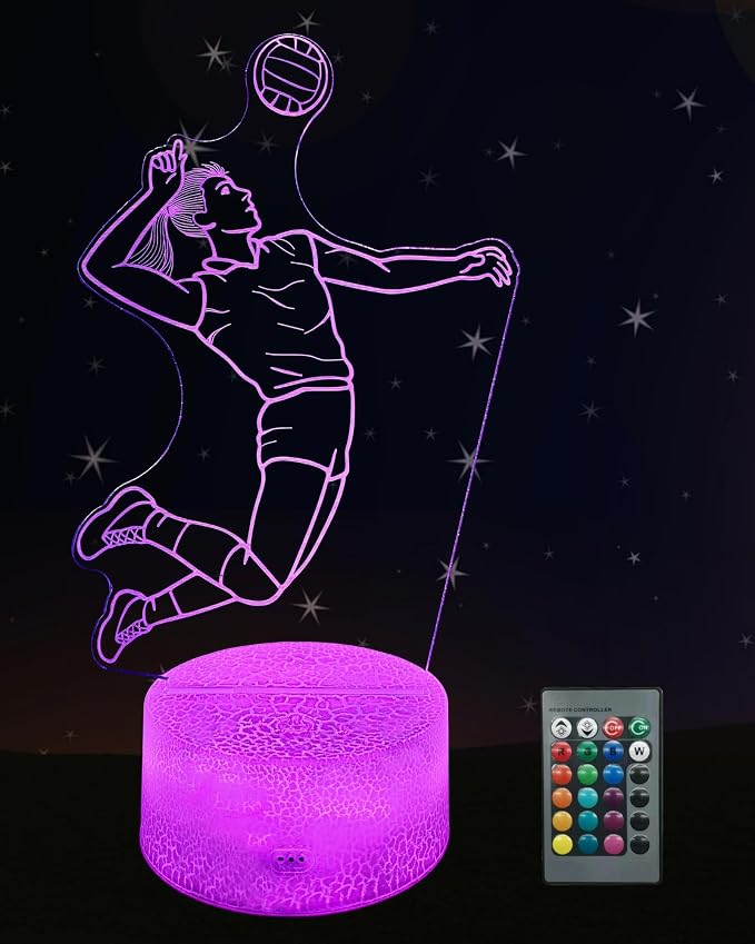 Volleyball 3D Illusion Night Light for Girls, Volley Player Lamp | 16 Colors Changing, Dimmable, Touch & Remote Control, Room Bedroom Décor, Birthday Christmas Teen Kid Women Sport Fan Gift