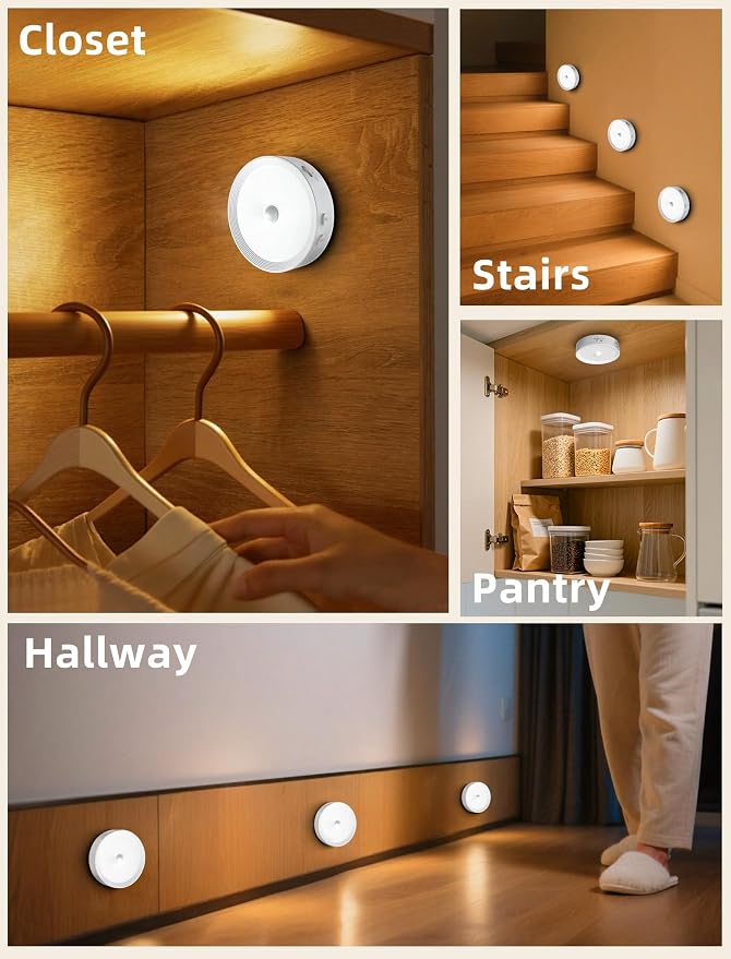 8PACK Rechargeable Puck Lights with Remote Motion Sensor Light indoor White | 3 color temps & 12 RGB, dimmable, 15/30/60 mins timer, memory, magnetic/stick on, 3.3'' led lights for kitchen, closet, stair