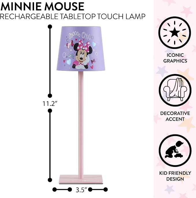 Disney Minnie Mouse Kids Touch Night Light Lamp, Rechargeable Battery Operated Bedroom Table Lamp with Touch On/Off, Portable LED Desk Light with Charging Cord for Nursery & Children’s Room