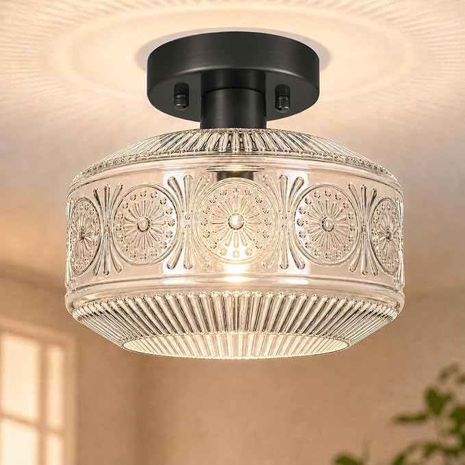 DSMJFU Semi Flush Mount Ceiling Light, Vintage Small Ceiling Light Fixture, Thickened Glass Hallway Lighting Fixture, Black Kitchen Ceiling Mount Light for Entry Way, Bedroom, Bathroom, Porch
