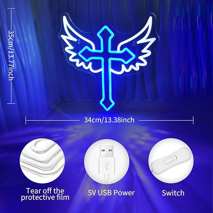 JEDAEMEN Cross Wings Neon Signs for Wall Decor White Blue LED Light Sign | Cross Led Sign Neon Lights for Preppy Room Decor Light Up Sign for Birthday Party Decoration USB Powered
