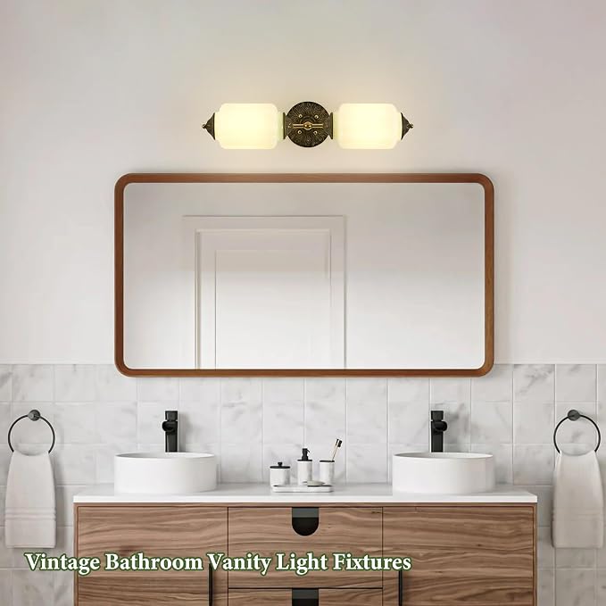 Vintage Green Milk Glass Bathroom Vanity Light - 25" Dimmable Wall Sconce | Mid Century,Vertical or Horizontal Mounted,Antique Brass Gold Lighting Fixture for Bedroom Hallway Decor,E12 Bulb×2 Included