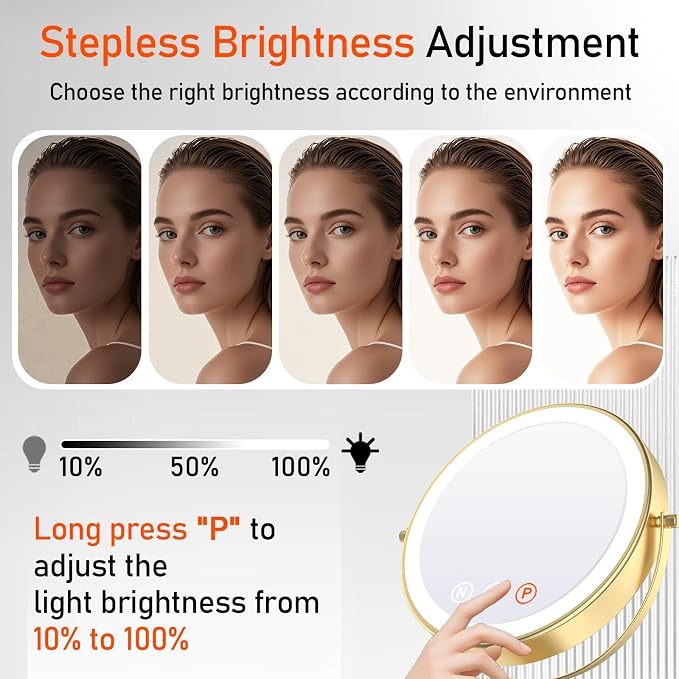 Vanity Mirror with Lights, 9'' Lighted Makeup Mirror, 1X/20X Double Sided Magnifying Mirror, 5000mAh Rechargeable, 3 Color Dimmable LED, 360° Rotation Desk Mirror for Makeup & Skincare, Gold