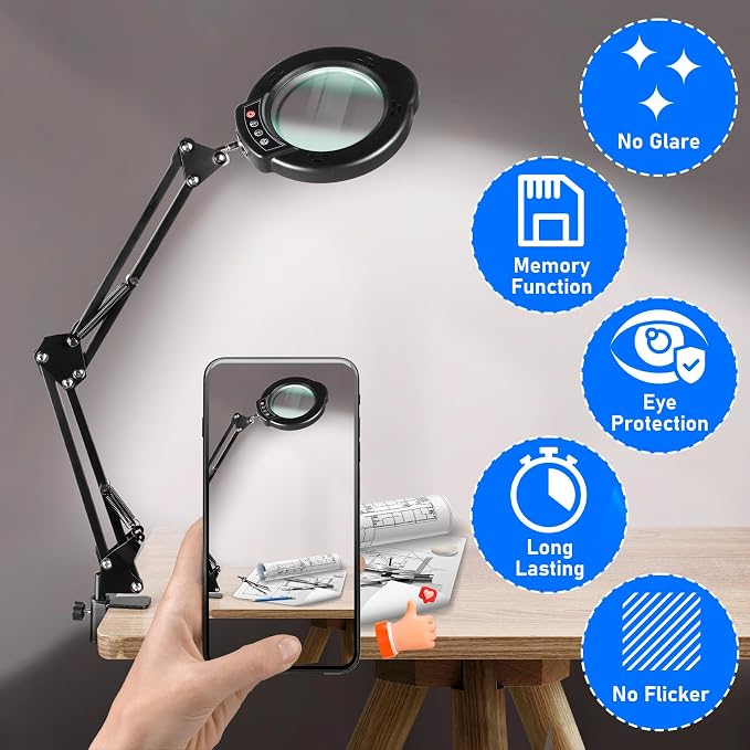 10X Magnifying Glass with Light and Stand, LED Desk Lamp with Clamp, 5 Color Mode, 10 Dimmable Levels, Hands Free for Reading Crafts Jewelry Sewing Close Work