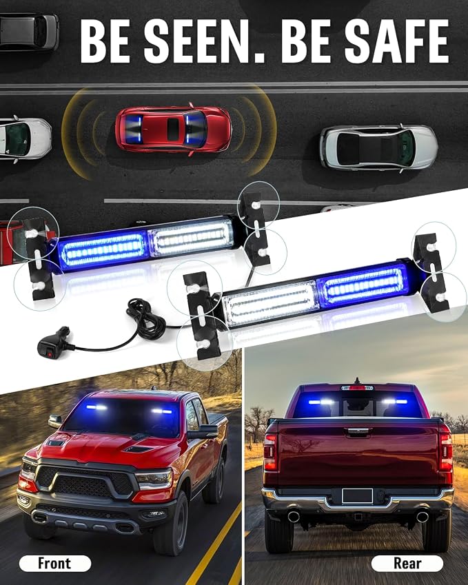 HLauto 1002L Emergency Strobe Traffic Advisor Light Bar: 40LED Dash Safety Warning Flashing Front/Rear Windshield Visor Light for Construction Vehicle, Trucks (2x10.7inch, Blue White)