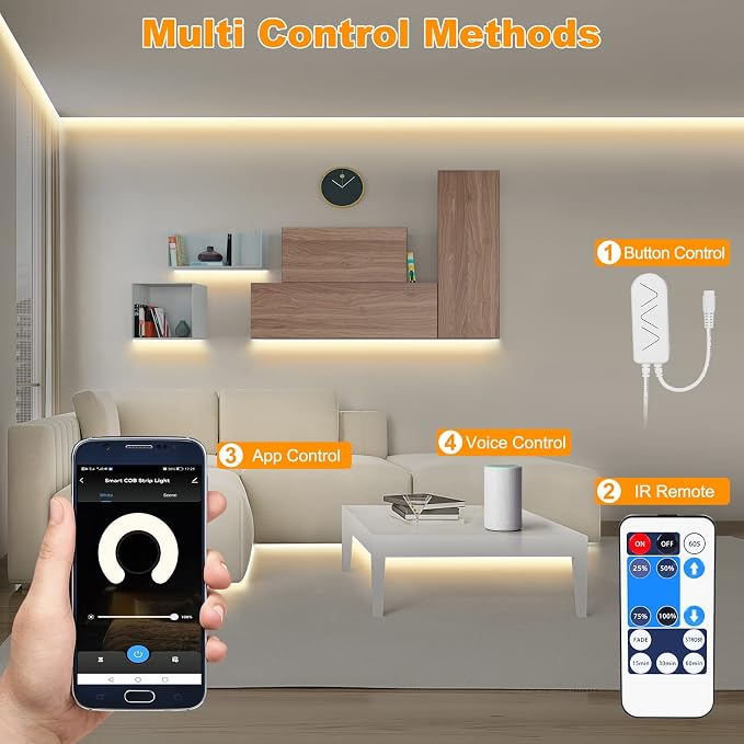 Tatazone WiFi Smart White COB Led Strip Light with Remote | 32.8ft, 4000K, Work with Alexa and Google, Timer, Group Control, Dimmable Neutral White for Cabinet, Room, Kitchen, Shelf