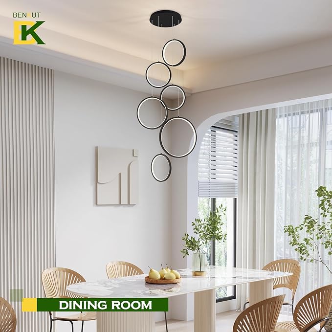 Modern LED Chandelier 6 Ring Black LED Pendant Light Adjustable Height Hanging Ceiling Light Fixture Dimmable Chandelier Ceiling Hanging for Foyer, Entryway (98.5in 3000K-6500K)