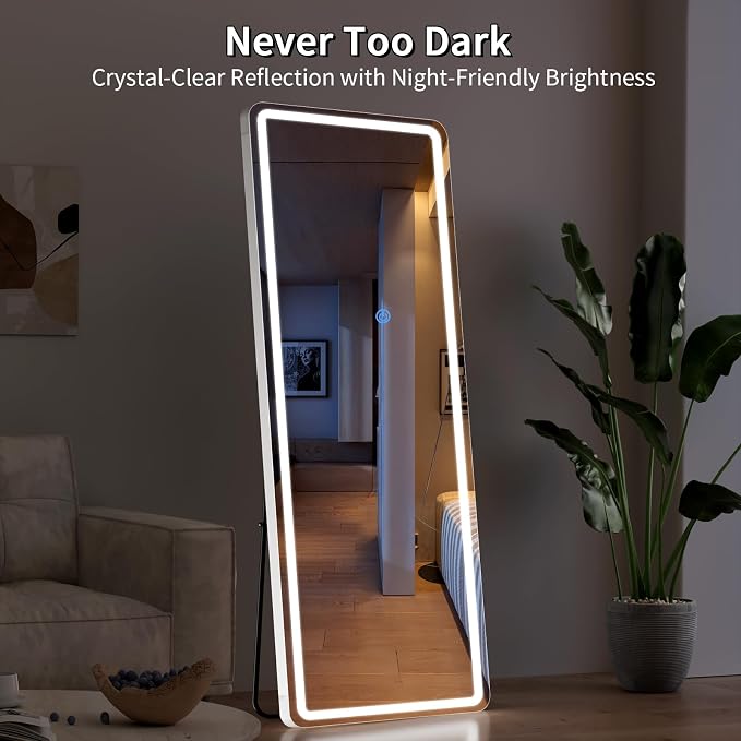 Koonmi Full Length Mirror with LED Lights, 65"x24" Lighted Mirror with Dimming & 3 Color Lighting, Big Mirror for Bedroom, Dressing Room, Rectangle,White