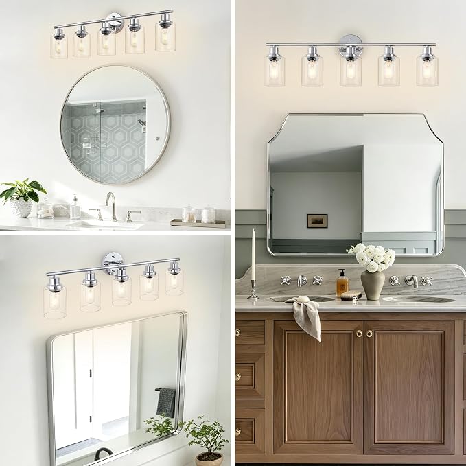 5-Light Bathroom Light Fixtures, Modern Chrome Vanity Lights for Bathroom with Clear Glass Shade, Wall Lamps for Mirror Hallway Kitchen Cabinet Living Room Sconces Lights