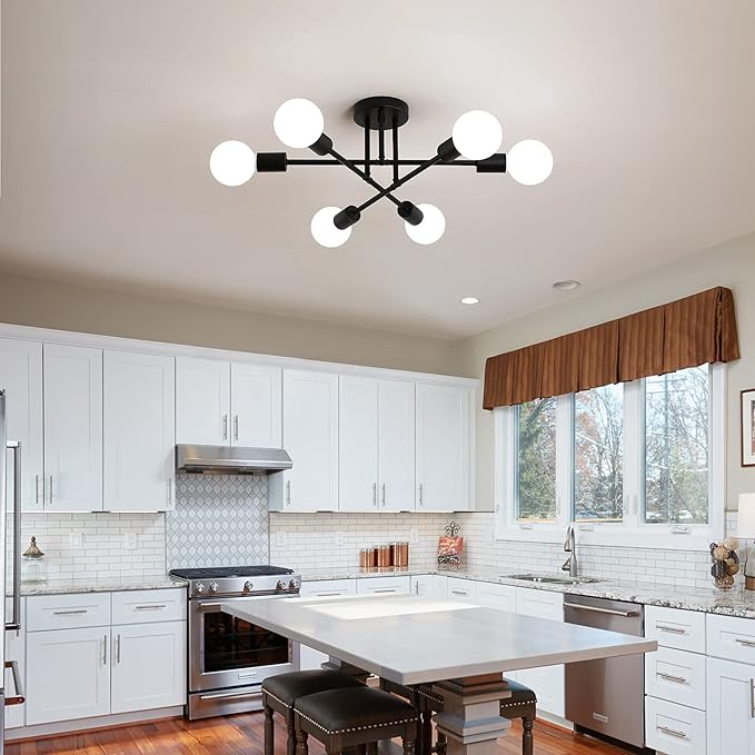 Black Modern Sputnik Chandelier Ceiling Light Fixtures,6-Lights Industrial Metal Semi Flush Mount Ceiling Light for Bedroom Dining Room Living Room Kitchen Hallway UL Listed