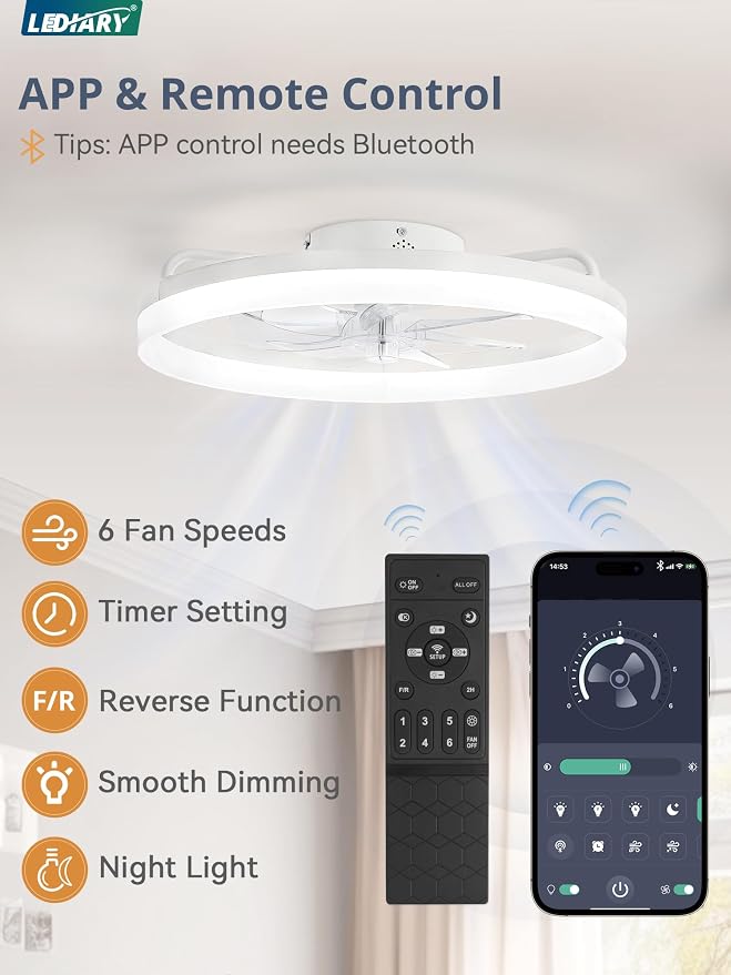 LEDIARY 20" Low Profile Ceiling Fans with Lights, APP & Remote, White | Flush Mount, Dimmable LED, Quiet DC Motor, Reversible, 6 Speeds, Fandelier, for Bedroom