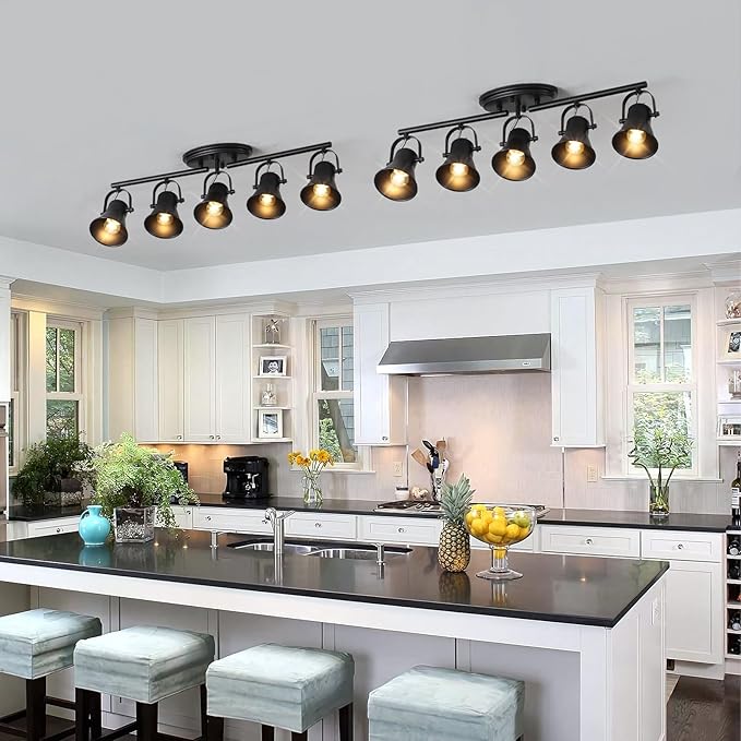 SEEBLEN 5-Light Track Lighting Kit, Directional Ceiling Light, Industrial Black Kitchen Track Lighting Fixtures Ceiling for Kitchen, Living Room, Dining Room, Hallway.