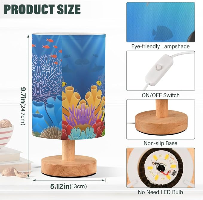 Table Lamp Cartoon Dolphin Killer Whale Sea Fish Coral Underwater in Ocean Nightstand Lamp with Wood Base Fabric Lamp Shade Bedside Desk Lamp for Living Room Bedroom Kids Room Office