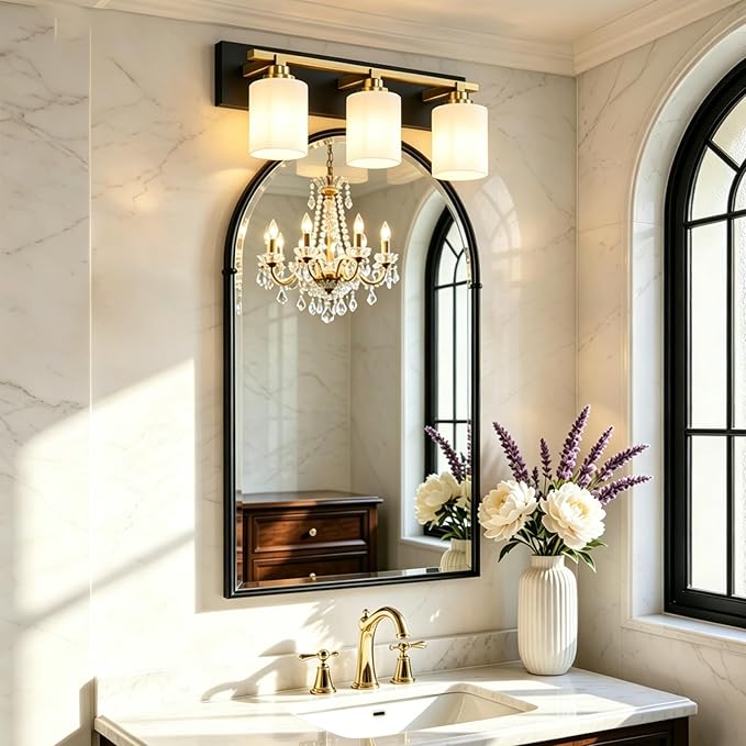 Black and Gold Bathroom Light Fixture, Modern 3 Light Vanity Lights for Bathroom Lighting Fixtures Over Mirror, White Glass Lampshade, Master & Guest bathrooms Bathroom Remodel, 20-inch