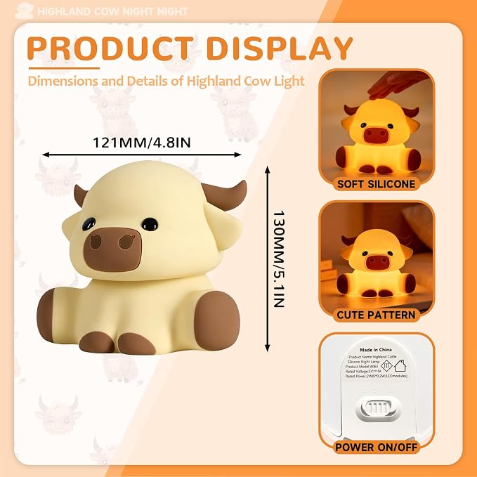 Highland Cow Night Light for Kids, Dimmable and Timed Silicone Night Lamp, Highland Cow Lamp for Nursery Bedroom Suitable for Room Decor and Themed Gifts