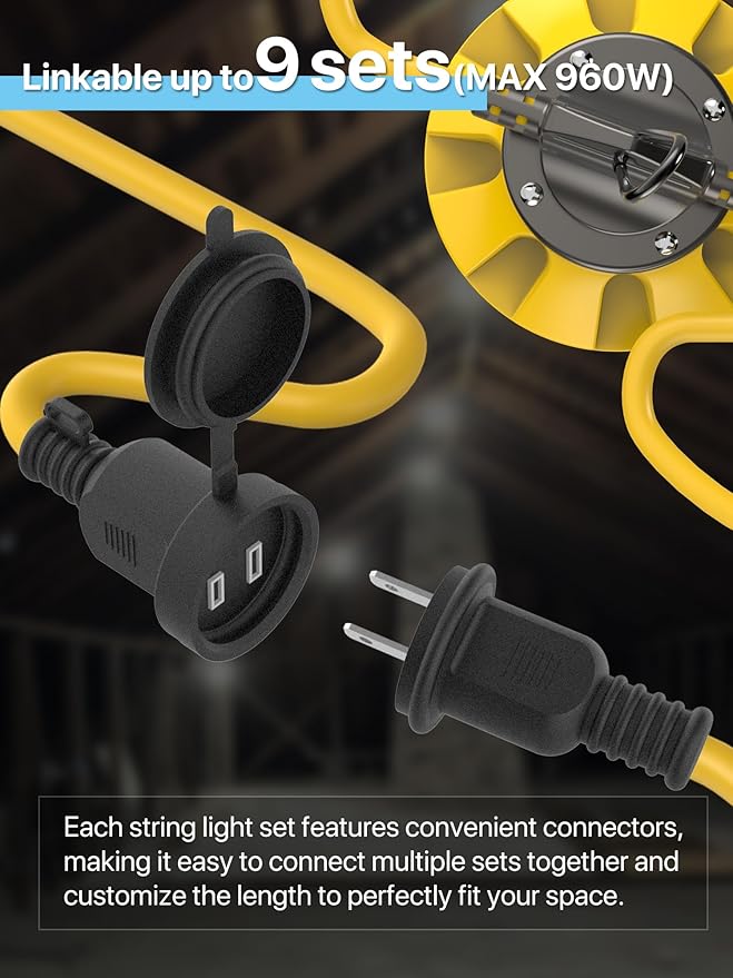 HYPERLITE Construction String Lights: 100FT 10 Bulbs String Work Lights with Climbing Hooks - IP65 Waterproof Linkable LED Construction String Lights for Job Site Attic Renovation Crawlspace Lighting