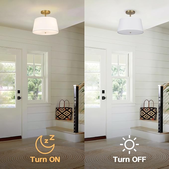 CALOKES Modern Cone-Shaped Semi Flush Mount Ceiling Light Fixture, 3-Light Drum Lamp with Gold Brass Finish and White Fabric Shade for Bedroom, Kitchen, Dining Room, Hallway, Entryway, and Foyer