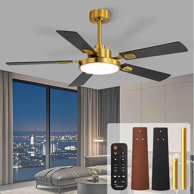 Conciseer 52 Inch Ceiling Fans with Lights and Remote for Bedroom Living Room Kitchen Office, Indoor/Outdoor Use, 6CCT Dimmable, 5 Blades, 6 Speed Reversible Quiet DC Motor, Gold/Wood Grain