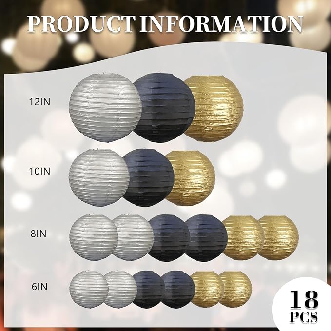 20Pcs Black Gold Silver Paper Lanterns for Parties, 6” 8” 10” 12” Chinese Asian Hanging Round Paper Lanterns for Birthday Wedding Graduation Home Decor Party Decor