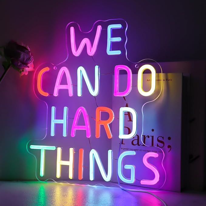 We Can Do Hard Things Neon Sign for Teachers – Dimmable Multicolor Letter Classroom Light with Wired Dimmer, 11.4×12.8 in, Includes 4 Wall Anchors – Back to School Teacher Gift