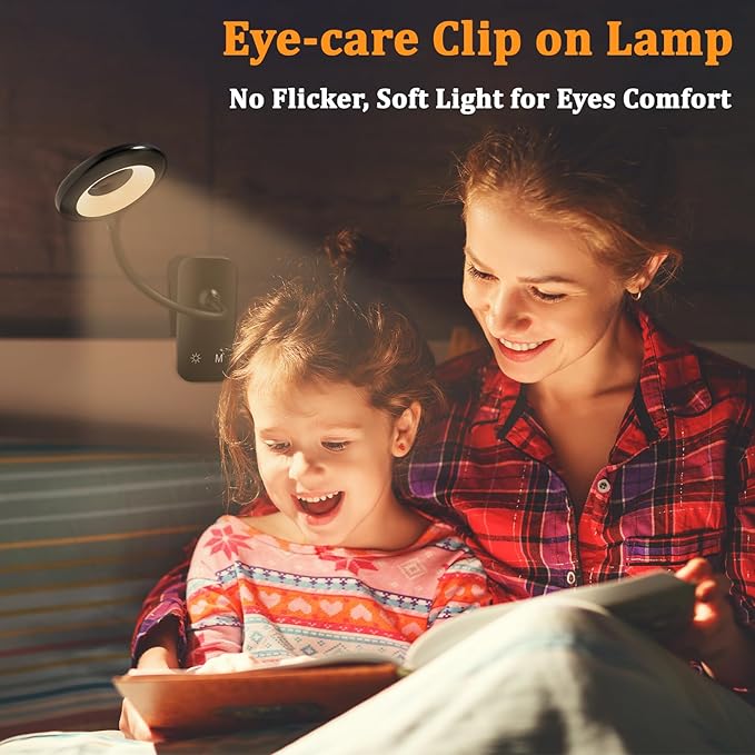 2 Pack Clip on Reading Light for Bed Headboard, Battery Rechargeable Large Clamp Bed Lamp - 5 Colors 5 Brightness, Flexible Arm Book Light at Night for Kids Bunk Desk Metal Bed Frame